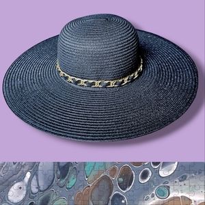Wide Brim Straw Sun Hat with Removable Gold Chain Trim, 57cm